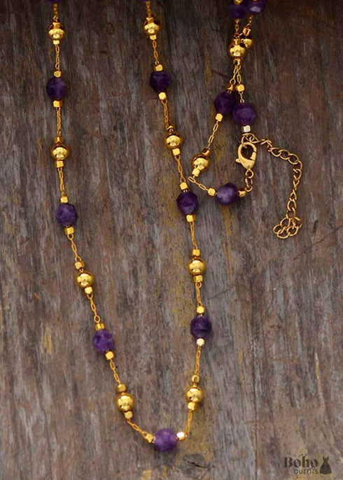 Boho Necklace, Amethysts Lariat Necklace